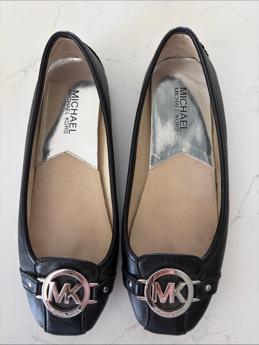 Michael Kors Black Leather MK Logo Square-Toe Ballet Flats